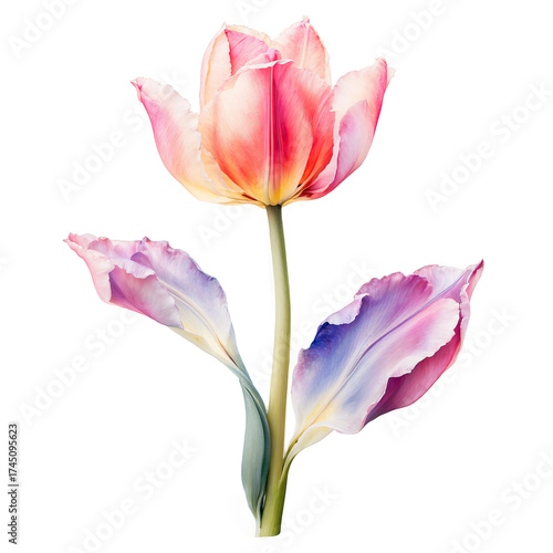 A single tulip, painted in soft pastel shades of pink, peach, and purple, stands out against a black background. The flower's delicate petals and the stem's subtle details create a stunning visual.