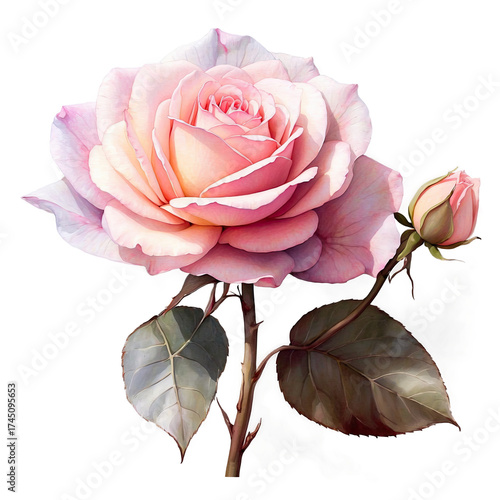 A delicate pink rose in full bloom, with a smaller bud beside it. The soft lighting and detailed petals create a romantic and elegant feel.