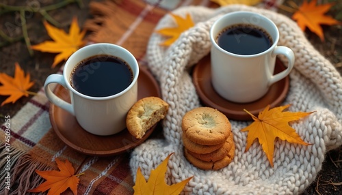 Wallpaper Mural Two cups of hot coffee sit on wooden saucers beside cookies and autumn leaves on a knitted blanket. A warm, cozy outdoor scene for seasonal relaxation and enjoyment. Torontodigital.ca