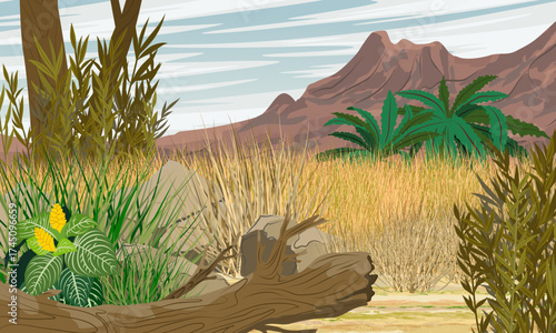 A valley with dry grass and tropical plants at the foot of large mountains. Realistic vector landscape.