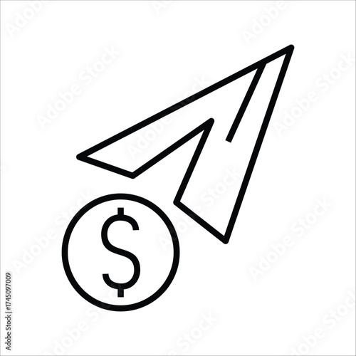 Simple line icon of a cursor arrow with a dollar sign coin, symbolizing digital payment, online banking service, pay per click advertising, and financial growth