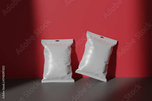 3D render of blank white food packaging with window light and red-white background