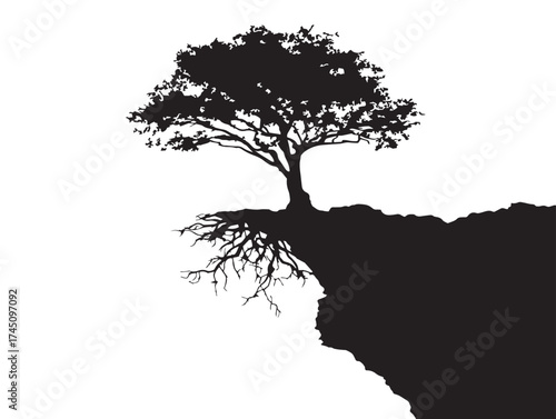 Dramatic Tree with Roots Clinging to Cliff Edge 2D Vector Line Art