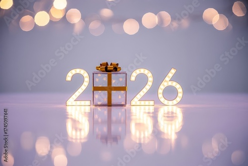 Gold 2026 with star-patterned gift box “0” and lilac bokeh on lavender-grey gradient for a dreamy luxurious New Year’s card
