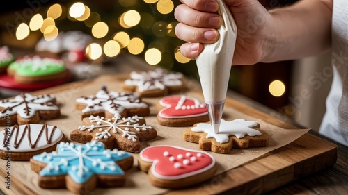 Christmas cookie decorating close-up with gingerbread snowflakes and heart shapes on warm wooden surface in cozy holiday lighting
