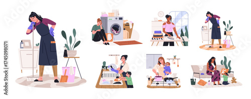 Tired housewife set. Sad and overworked woman is cleaning, cooking, washing laundry and caring about kids. Exhausted mother does housework. Flat isolated vector illustrations on white background