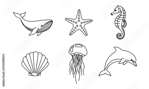 Minimal Sea Life Vector Set – 6 Ocean Creatures Line Icons