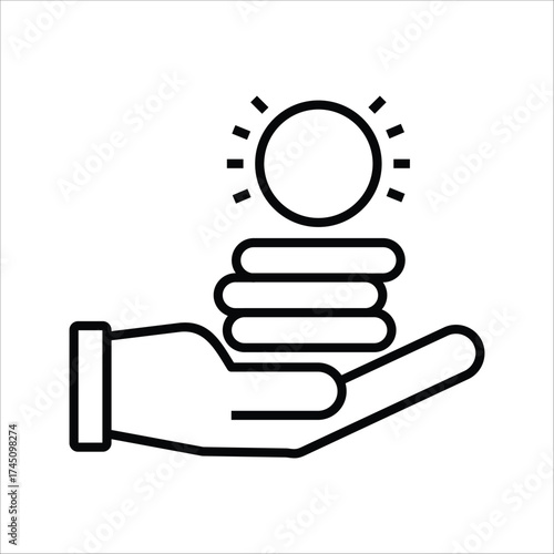 A simple line icon of a hand holding a stack of shiny coins, representing income, savings, investment, and financial concepts