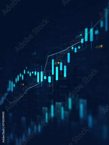 Financial data charts with glowing stock market graphs.Stock market investment data and analysis finance graph. Business financial chart with moving up arrow graph.
