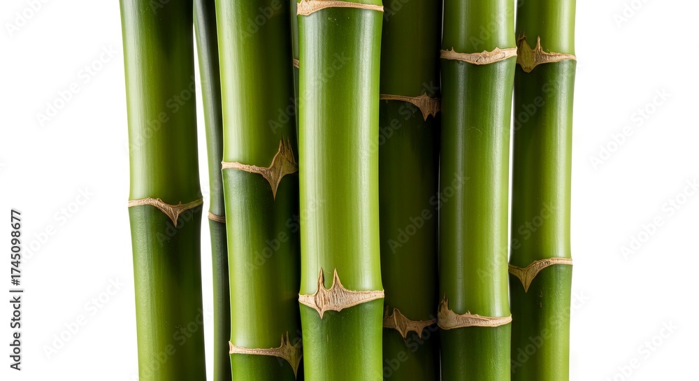 Obraz premium Closeup of clustered green bamboo stalks showing segmented structure against a white background