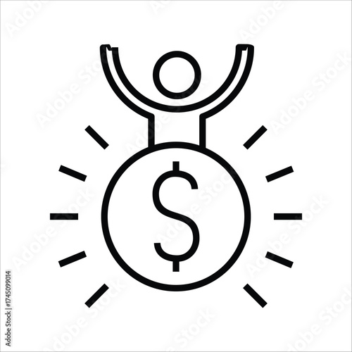 Icon of a person celebrating on a large dollar coin, symbolizing financial success, wealth, and achievement in a simple line art vector graphic