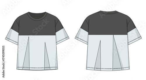Detailed Technical Fashion Illustration of a Boxy Fit Pleated T-Shirt