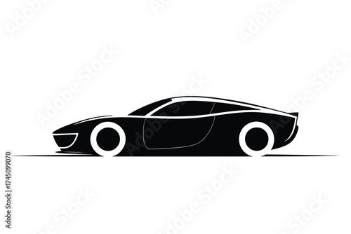 Sleek black sports car silhouette with white wheels on white background