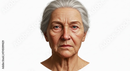 Elderly woman with gray hair detailed wrinkles staring directly at the viewer against a white background
