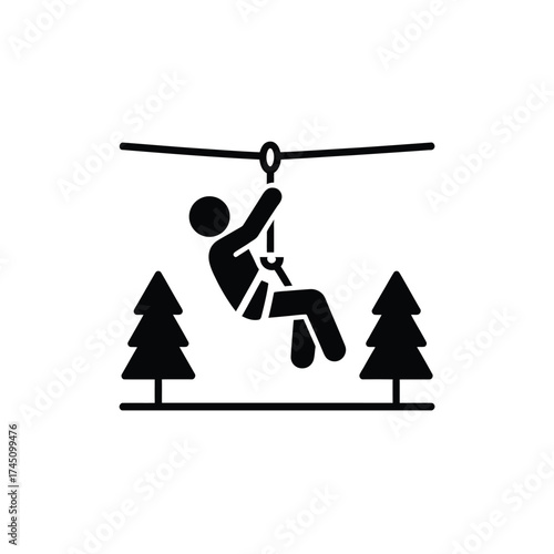 Simple black silhouette icon of a person zip lining between two trees