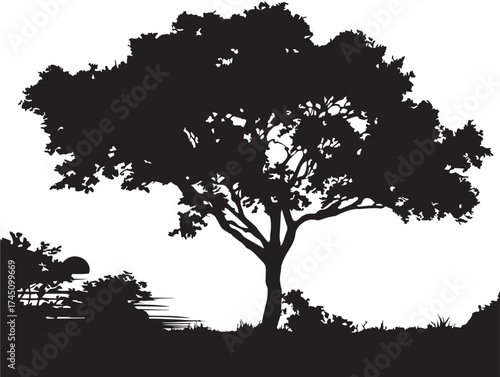 Majestic Tree Backlit by Golden Sunrise Vector Illustration