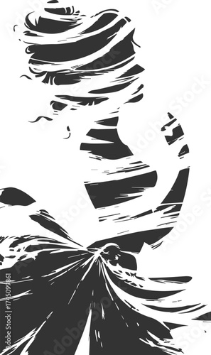 Stylish, monochrome abstract art vector of a woman's profile/figure. Features strong, grunge-style brushstrokes conveying movement and emotion. Perfect for contemporary posters and high-end artistic b