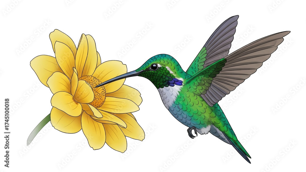 Obraz premium Vibrant hummingbird hovering near a bright yellow flower (1)