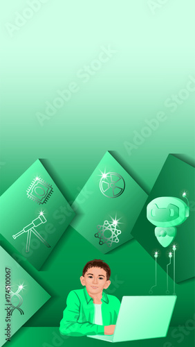 Asian boy with AI tutor in digital classroom with artificial intelligence. Future smart education technology. Vertical vector illustration.