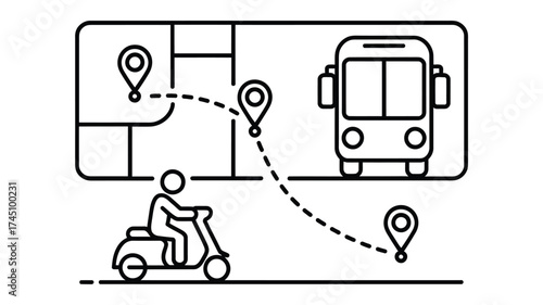 Scooter rider follows navigation route on map with bus destination and pins