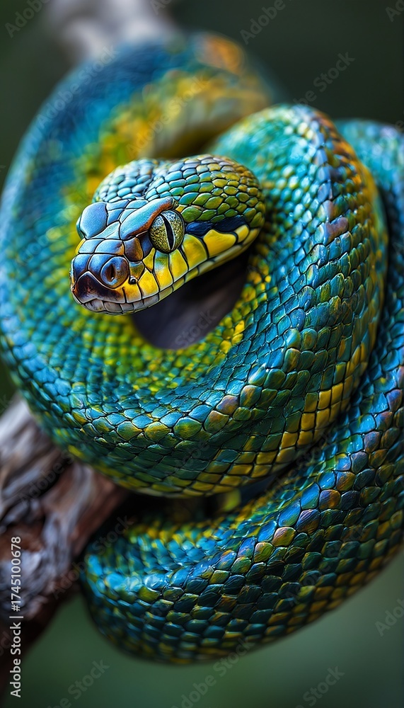 Fototapeta premium a vibrant green tree python coils around a branch, its intricate scales and piercing gaze captivating the viewer.