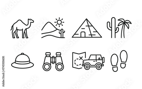 Travel and adventure icons set. Camper van, hiking, camping, navigation, exploration. Outline vector illustrations