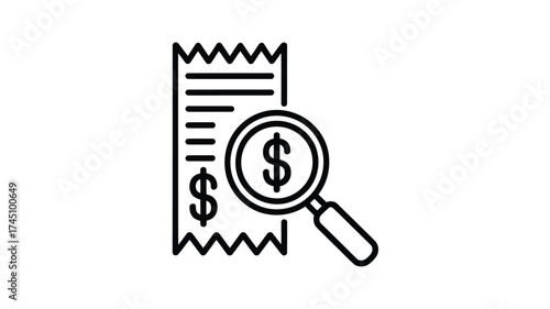 Magnifying glass examining a receipt with dollar signs for financial analysis