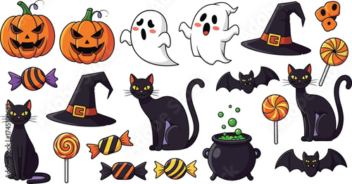 Colorful Halloween Party Icon Set — Pumpkins, Ghosts, Witches, Cats, Candy, and Bats 