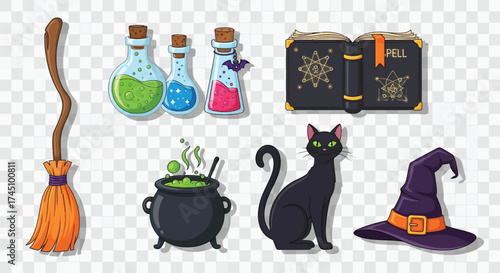 Cute Halloween Witch Collection — Cartoon Witch Elements with Broom, Potion, Spell Book, Cat, Cauldron, and Hat