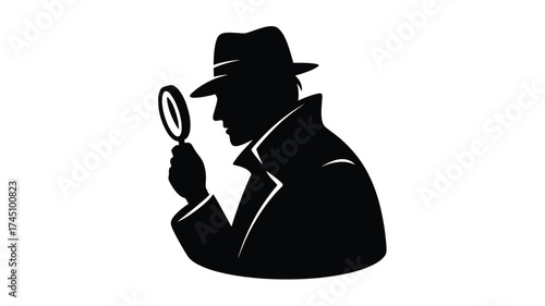Silhouette of a detective in a hat and trench coat examining with a magnifying glass
