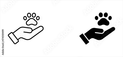 Animal welfare linear icon set. Thin line illustration. Hands holding paw. Pets care. Contour symbol. Vector isolated outline drawing. Editable stroke