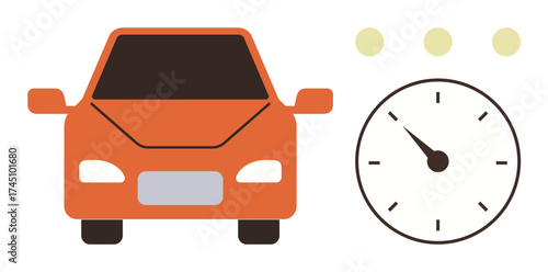 Orange car alongside an analog clock with simplified time markings and floating circles. Ideal for transportation, punctuality, automotive industry, scheduling, efficiency, productivity, time