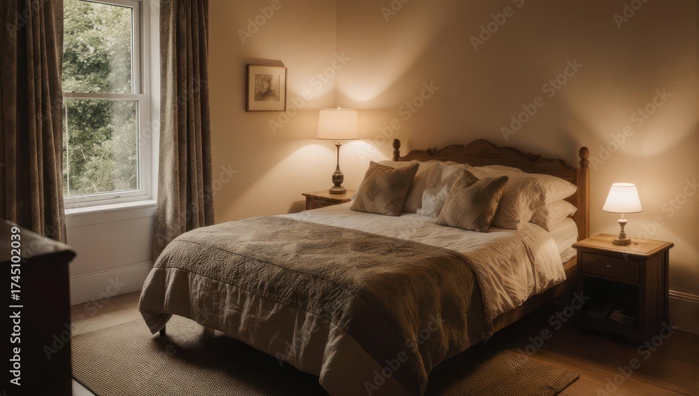 Fototapeta premium Cozy Bedroom Interior with Warm Lighting and Comfortable Bed.