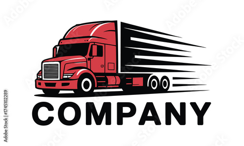 Dynamic red semi truck freight logistics company emblem motion blur speed symbol