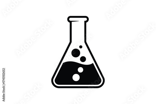 Simple black and white icon of a laboratory flask with bubbles