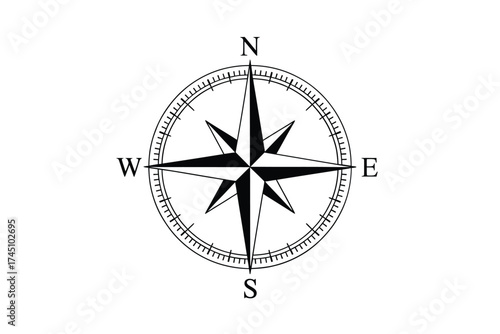 Classic compass rose with north south east and west directions isolated on white