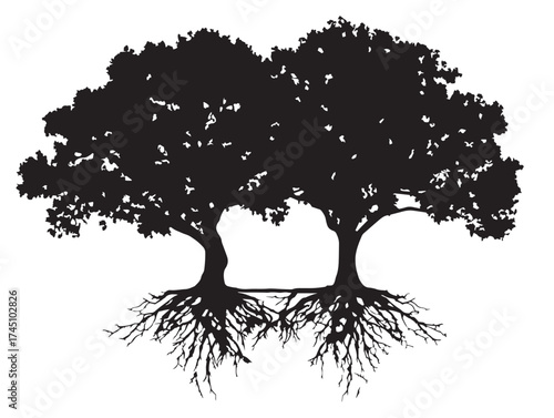 Decorative Twin Trees With Roots 2D Vector Line Art Design  