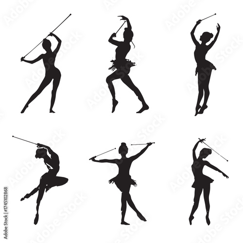 Baton twirling silhouette set black and white
