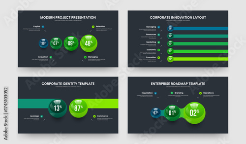 Educational Portfolio Four Five Two Three Step Diagram Slide Design Vector Illustration Bundle. Clean Innovation 4 5 2 3 Element Chart Presentation Template Set.