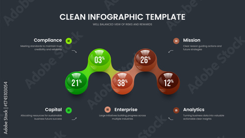 Clean Profile Five Step Chart Slideshow Template. Elegant Strategy Presentation Layout Vector Illustration. Visual Analysis 5 Option Infographic Slide Design.