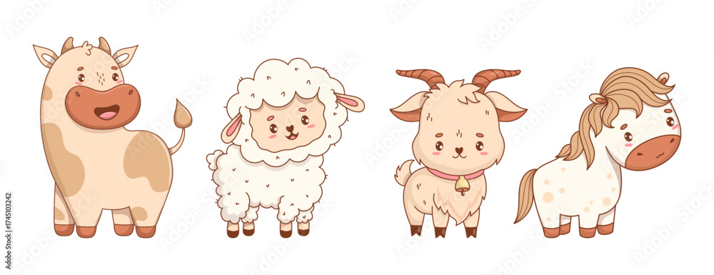 Obraz premium Cute little Sheep, Cow, Goat and Horse. Adorable Farm Animal. Isolated livestock Funny kawaii character. Vector illustration. Kids collection. Not AI