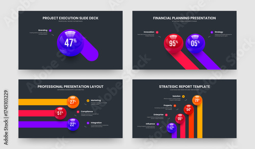 Enterprise Launch One Two Three Four Element Chart Presentation Design Vector Illustration Set. Market Campaign 1 2 3 4 Option Infographic Frame Layout Bundle.