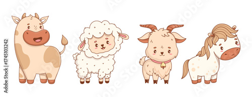 Cute little Sheep, Cow, Goat and Horse. Adorable Farm Animal. Isolated livestock Funny kawaii character. Vector illustration. Kids collection. Not AI