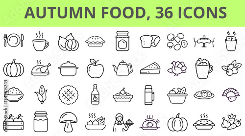 Collection of 36 autumn food line icons set. Thanksgiving holiday harvesting season, healthy eating, cooking, and dinner concept. Vector illustration for web, app, ui, ux design.