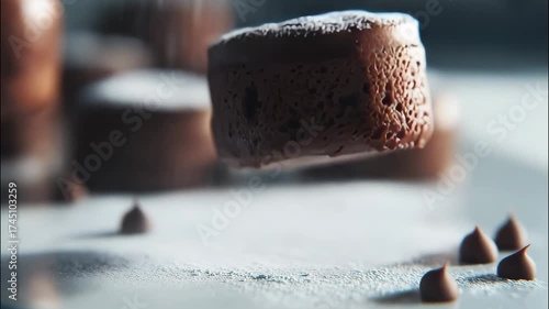 Close-up of rich chocolate lava cake dusted with powdered sugar on plate with chocolate chips