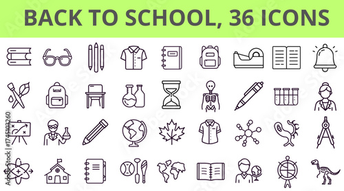Back to school icon set outline design with student, teacher, school supplies, education and science symbol vector illustration