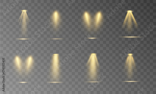 Yellow spotlight beam shines from above, creating a vivid cone of light on a vector stage background. The soft edges and glow add realism and depth. Great for theater or concert design.
