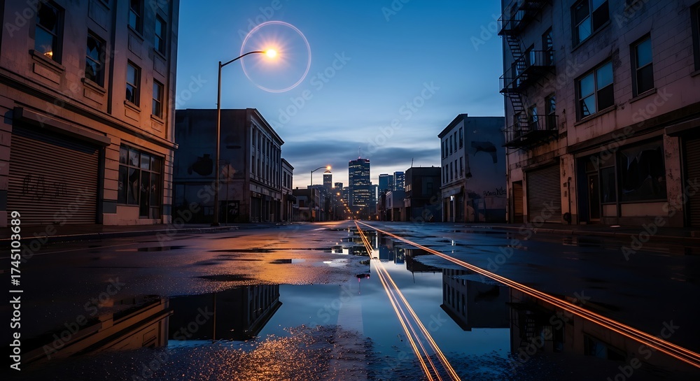 Fototapeta premium City street reflection at dusk with buildings and a street light in view