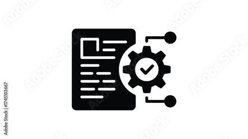 Digital document with gear and checkmark representing successful process and automation