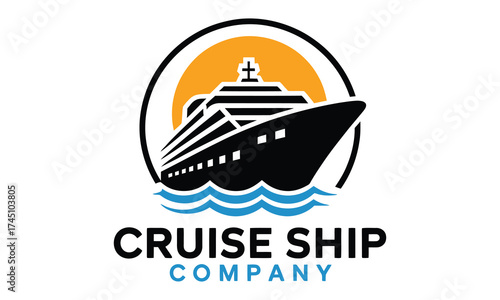 Modern cruise ship company logo design featuring a sleek ship and sunrise